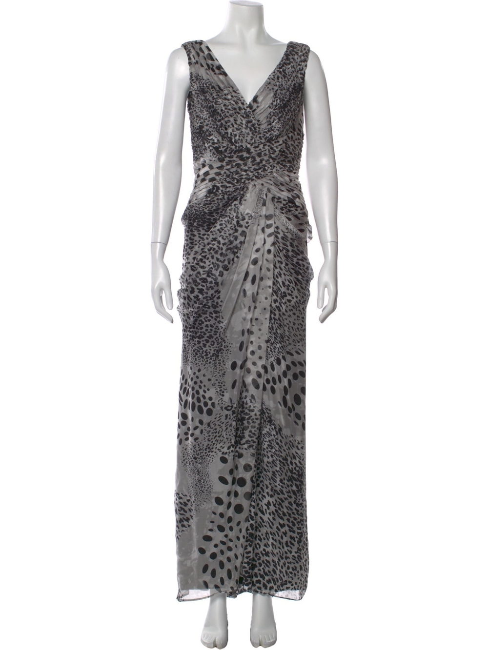 Tadashi Shoji Gray Patterned V-Neck Maxi Dress